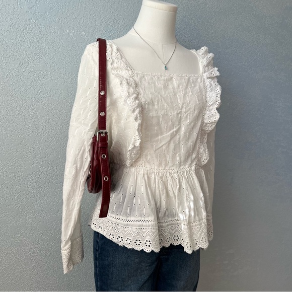 Meadow Rue by Anthropologie White Eyelet Ruffle Peplum Blouse Size 12 - Picture 2 of 7